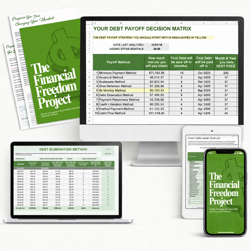 The Financial Freedom Project debt payoff decision matrix and debt elimination spreadsheet displayed on desktop, laptop, tablet, and mobile devices, showing structured methods to pay off credit card debt faster.