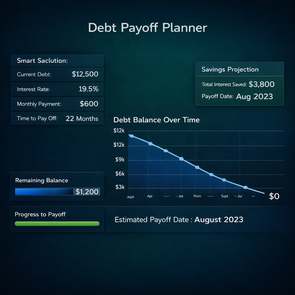 Debt payoff planner dashboard showing credit card debt balance, interest rate, monthly payment, projected savings, payoff timeline, and estimated debt-free date using a smart debt calculator.