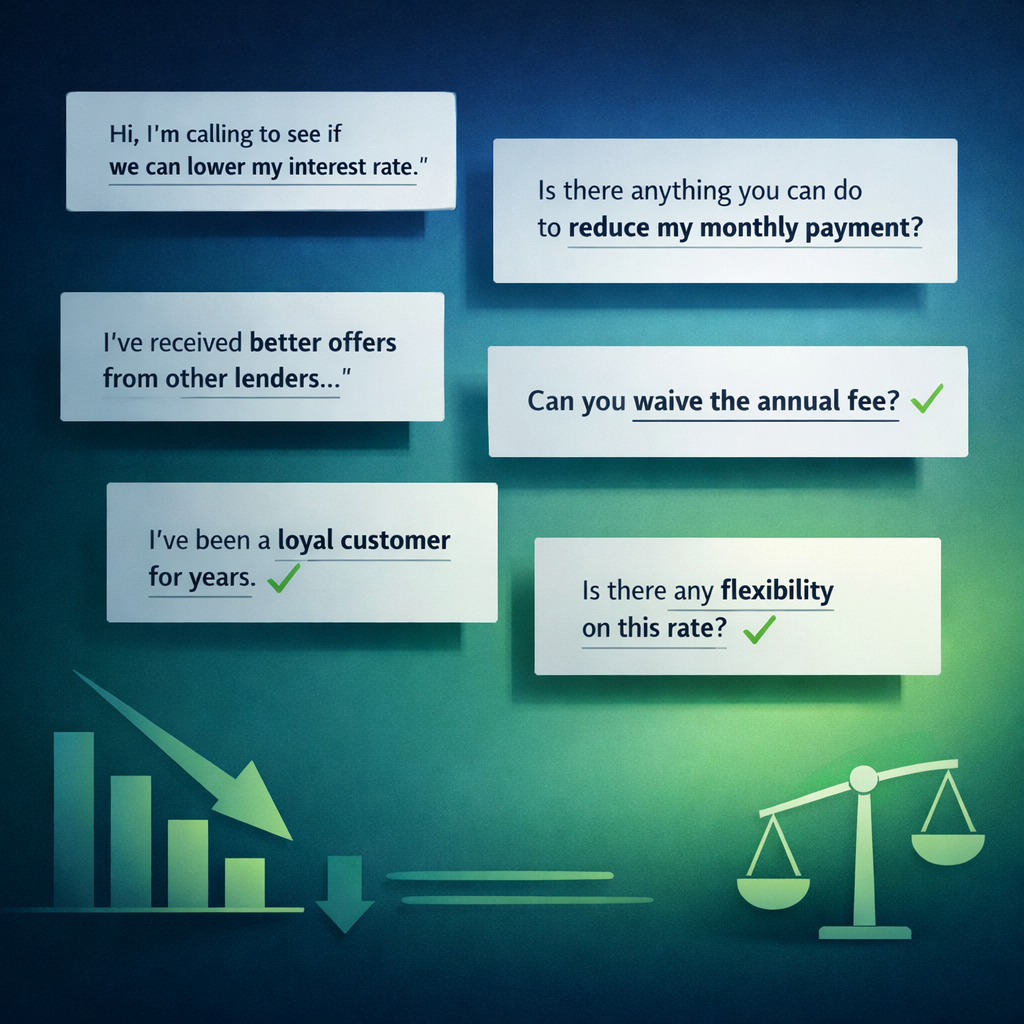 Credit card interest rate negotiation scripts showing phrases to lower APR, reduce monthly payments, waive annual fees, and negotiate better lender terms for debt relief.