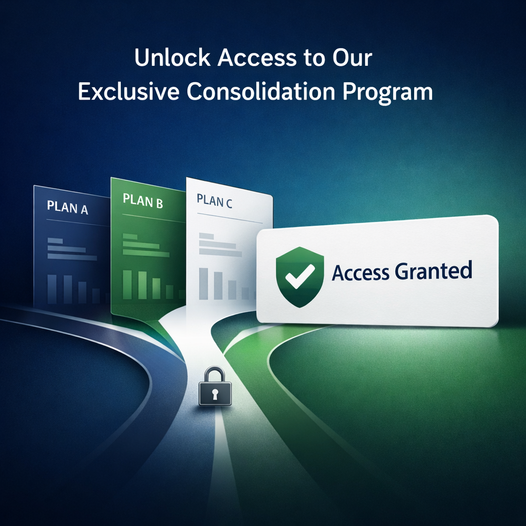 Debt consolidation program access graphic showing multiple repayment plans, secure approval badge, and exclusive consolidation options to reduce monthly payments and combine credit card debt.