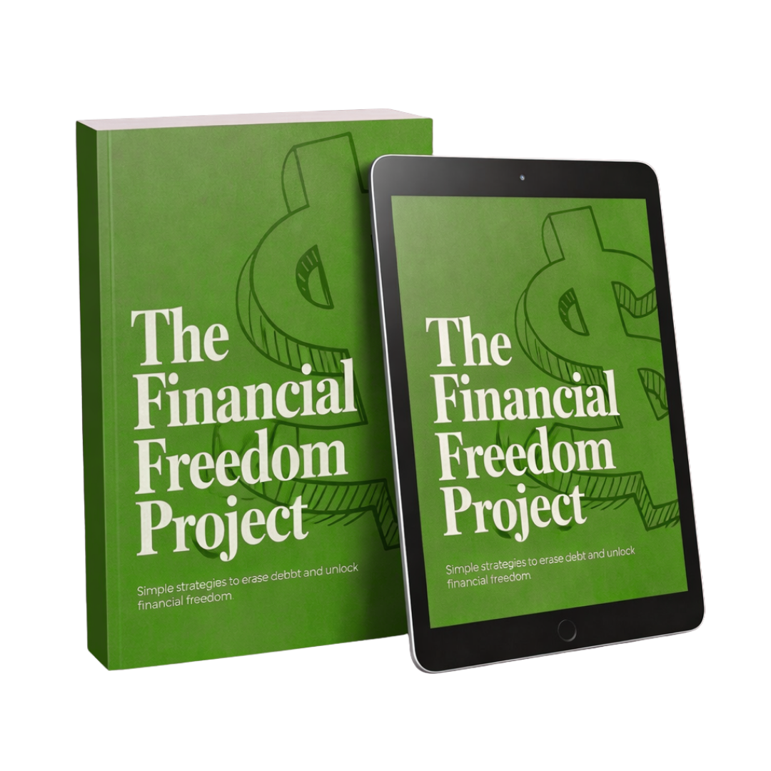 The Financial Freedom Project book and digital tablet version, showing a green debt relief guide focused on credit repair, reducing credit card debt, and achieving financial freedom.