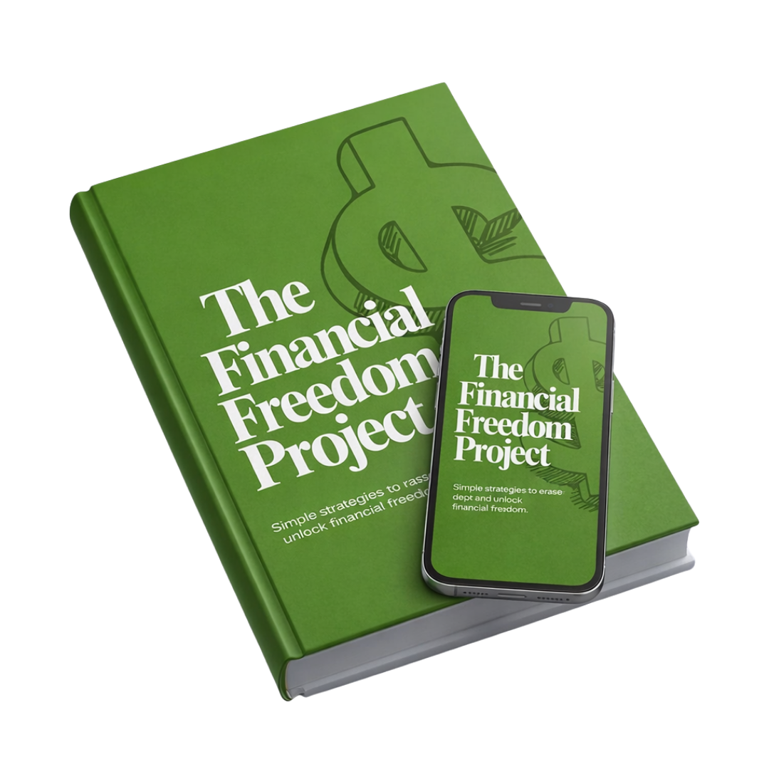 Digital phone version of The Financial Freedom Project showing a green debt relief guide focused on credit repair, reducing credit card debt, and achieving financial freedom.
